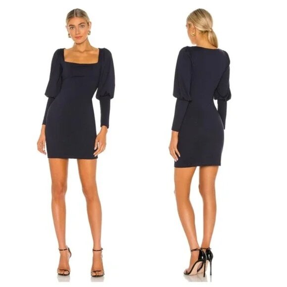 Susana Monaco Puff Sleeve Square Neck Dress Size S Navy Bodycon Formfitting Mini - Picture 1 of 9